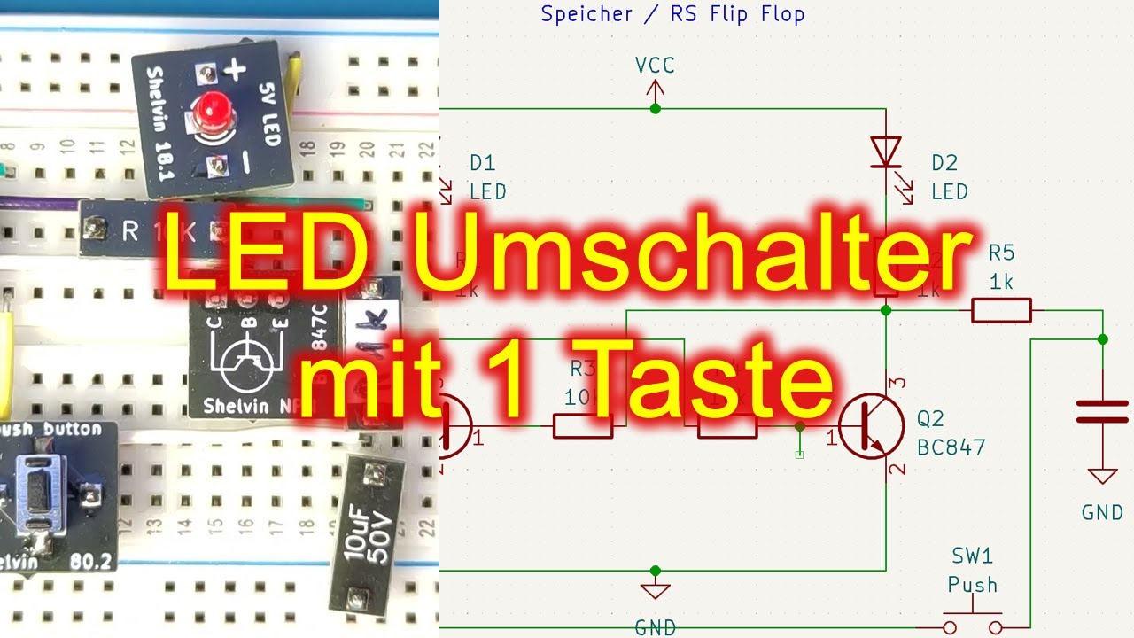Umschalter für 2 LEDs mit nur einer Taste. Ein T-Flipflop aufgebaut mit Transistoren.