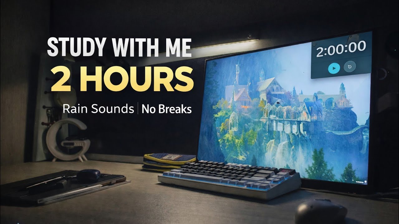 STUDY WITH ME 2 HOURS 🌧️ No Break, Deep Focus (Rain Sounds)