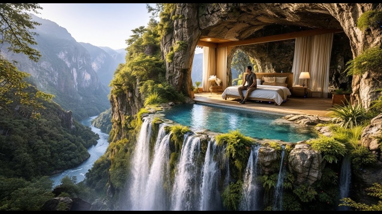 Building a treehouse on a high cliff above a waterfall.