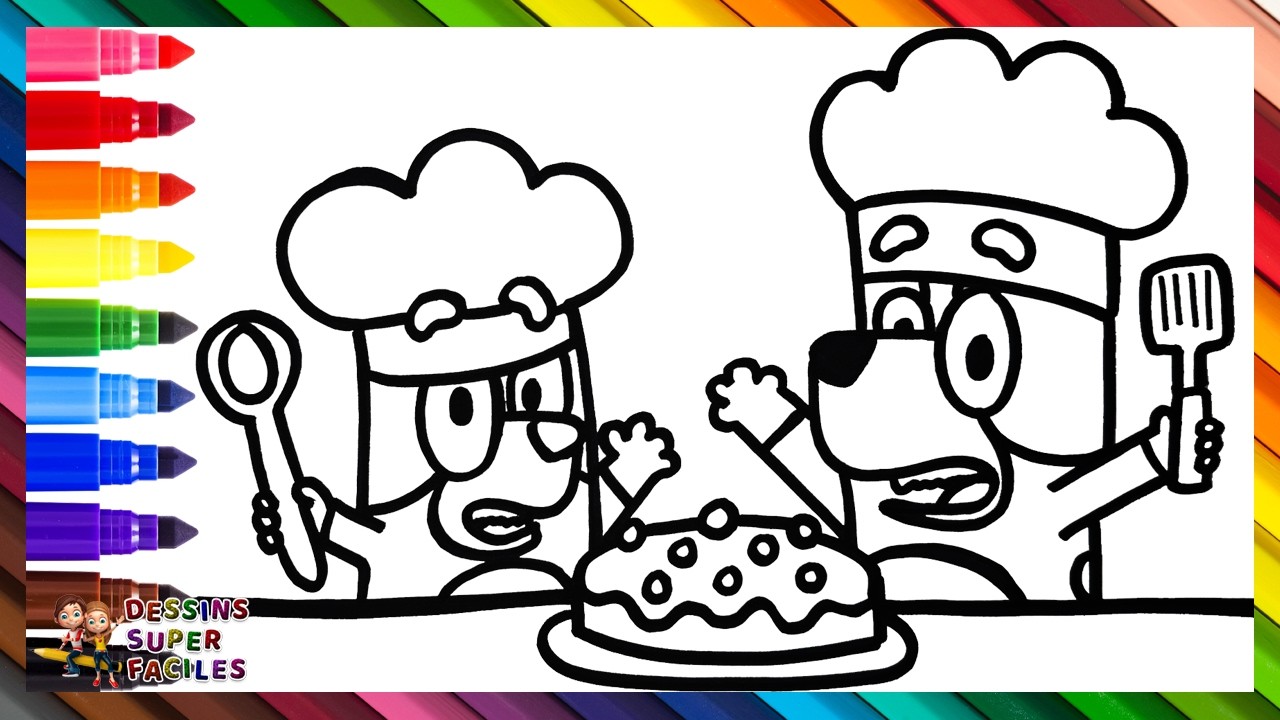Dessiner et colorier Bluey et Bingo en train de faire un gâteau 🐶🍰🫐🍒🍓🐶🌈 dessins pour enfants