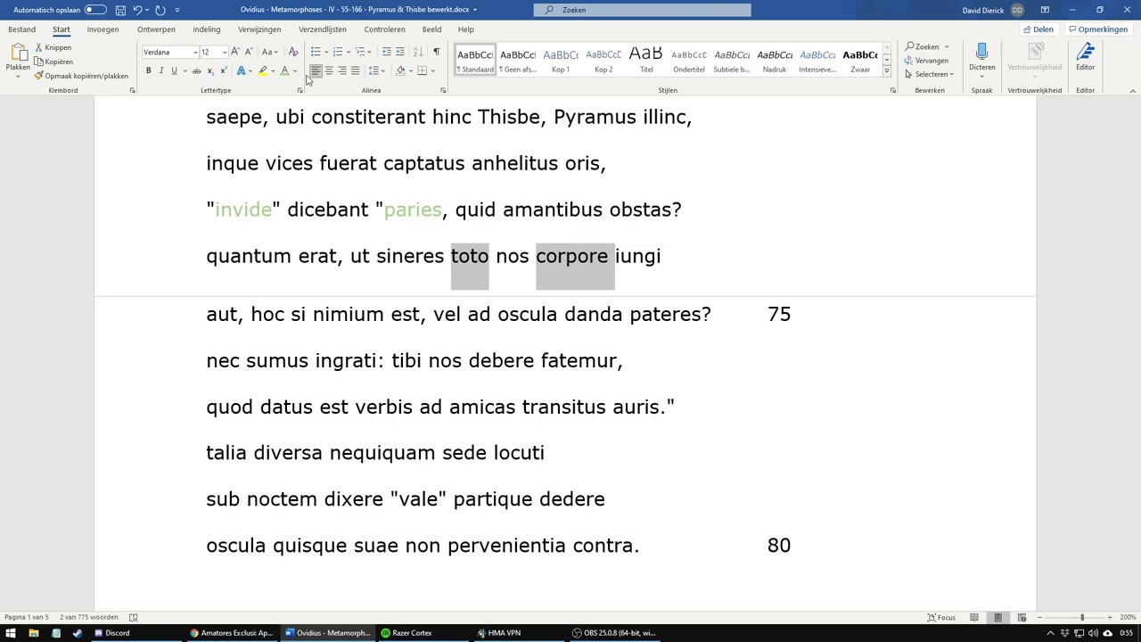 Ovidius, Metamorphoses, IV, 71-80, lectuur Pyramus & Thisbe