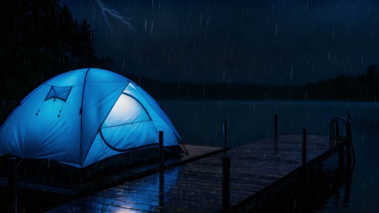 Soft Rain Sounds in a Blue Tent by the Lake at Night