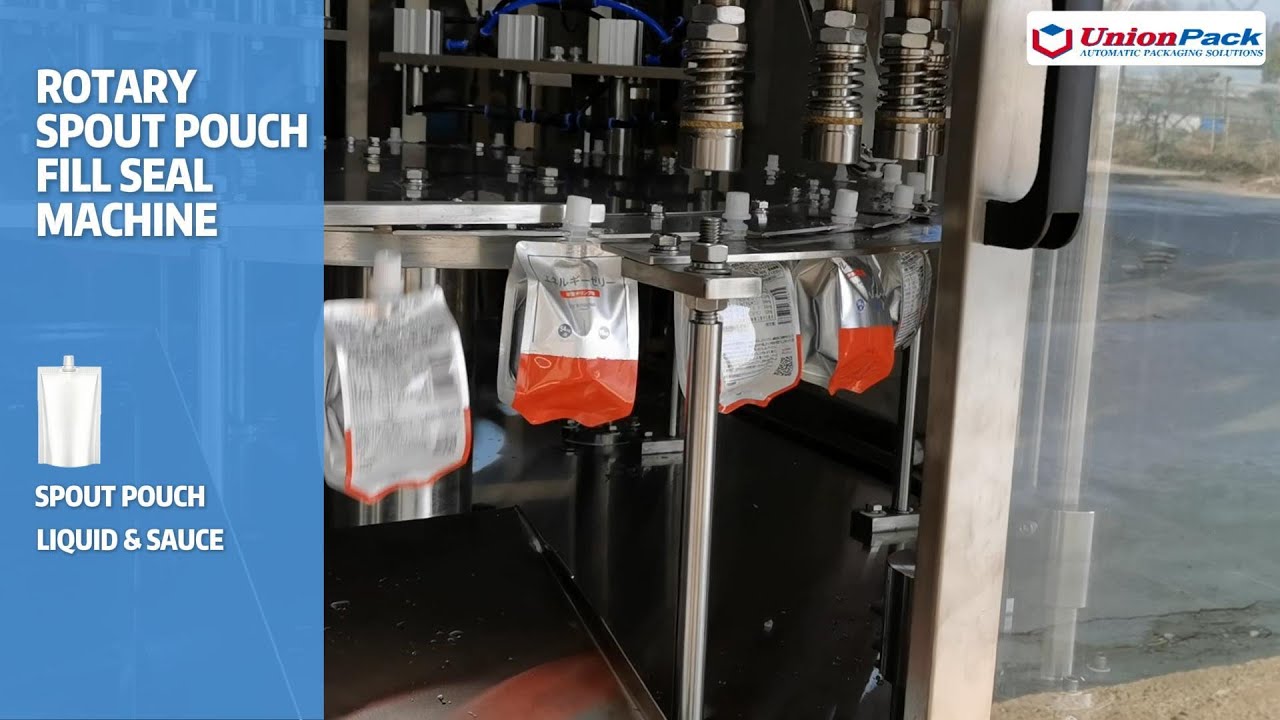 Rotary spout pouch fill seal packaging machine for liquid and sauce