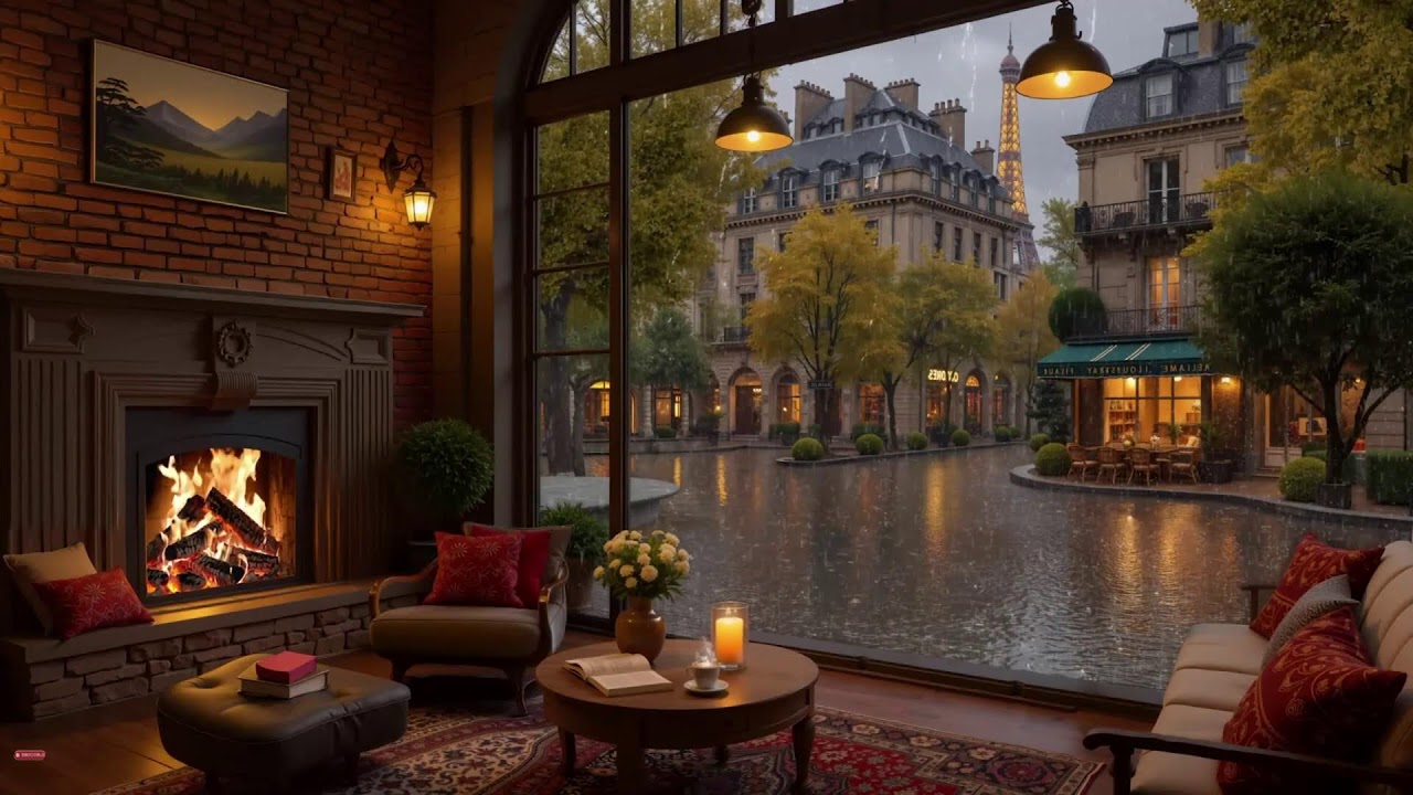Rainy Night in a Cozy Cabin 🌃 Jazz Piano & Fireplace Sounds for a Warm and Fuzzy Feeling