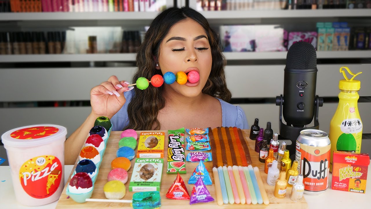 I Tried ASMR.. JELLY EGGS, WAX STICKS, PIZZA COTTON CANDY (Sticky Crunchy Sounds)