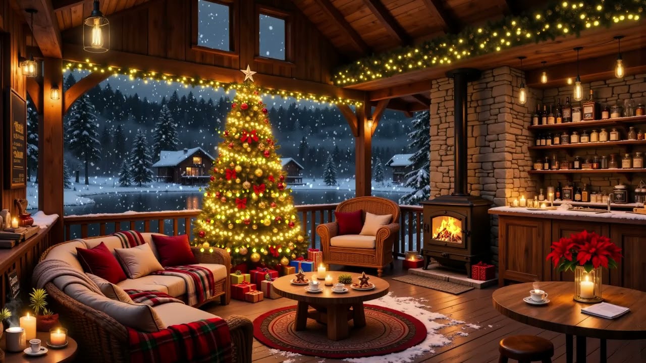 Christmas Jazz Background Music 🎄 Cozy Porch Ambience with Warm Jazz & Gentle Snowfall