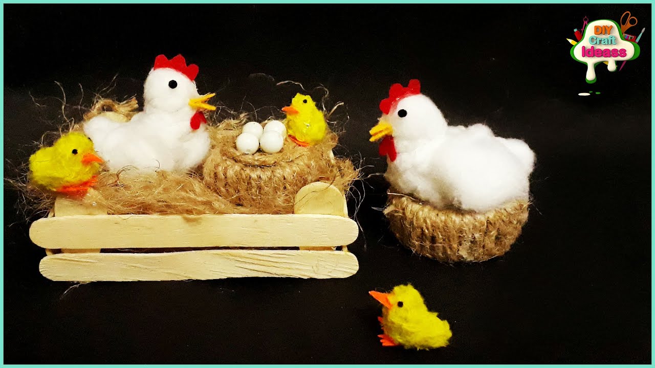 Cotton hens making idea/chicken diy idea hen chiks with nest and eggs|cotton bird making craft  idea