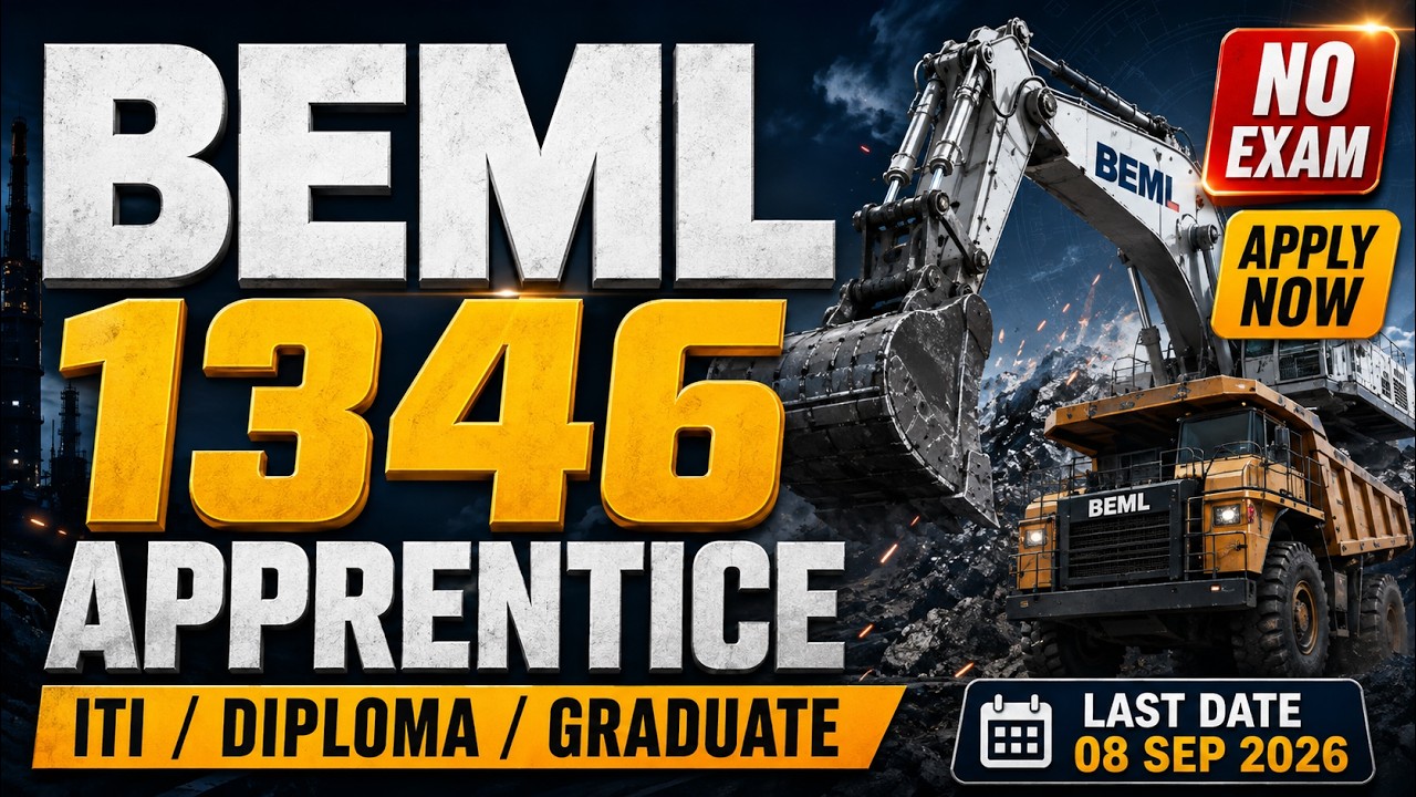 BEML Apprentice Recruitment 2026 🔥 1346 Vacancies | ITI Diploma Graduate | No Exam
