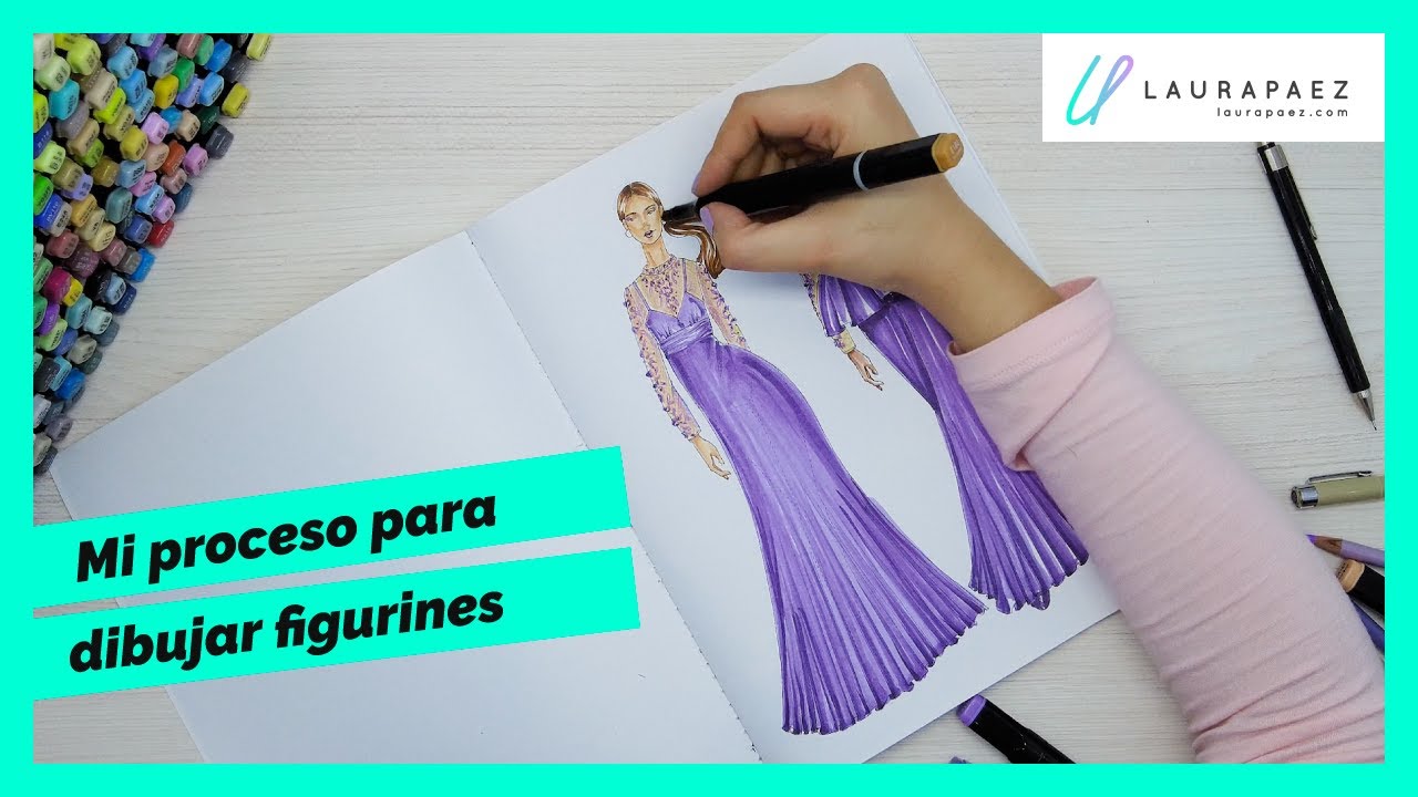Figurines de moda: Coloreando un vestido lavanda con marcadores