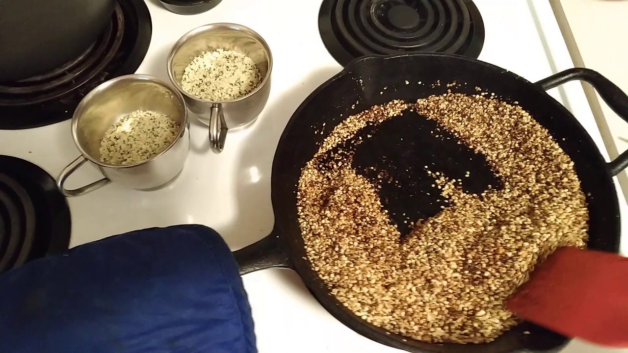 Toasting hemp seeds.