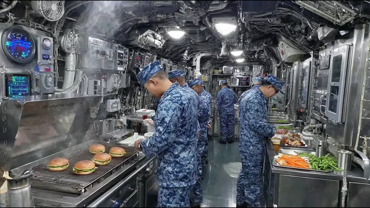 How US Submarine Cooks Handle Rush Time Inside Narrow Kitchen Deep Underwater