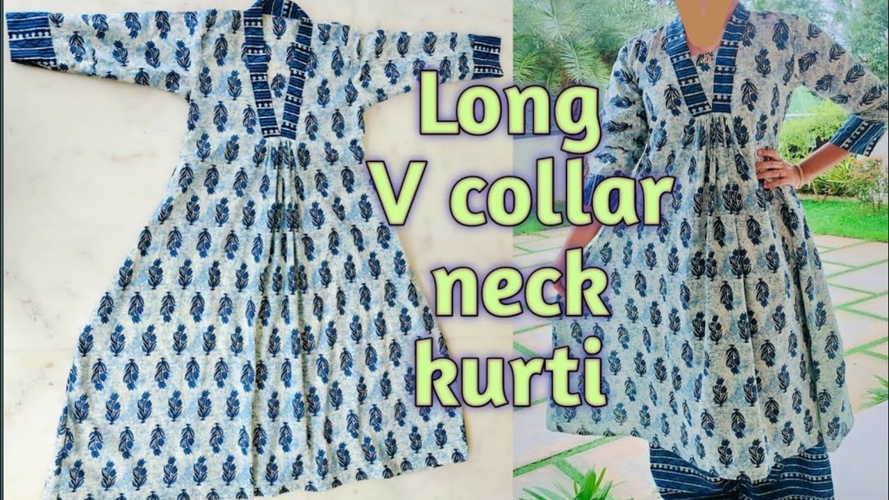 Front Pleated V Collar Neck kurti cutting and stitching/A line kurti design #kurti#vneck#alinekurti