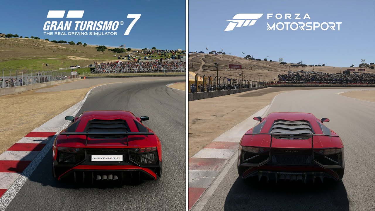 Forza Motorsport vs Gran Turismo 7 - Lamborghini Aventador Superveloce comparison at Laguna Seca