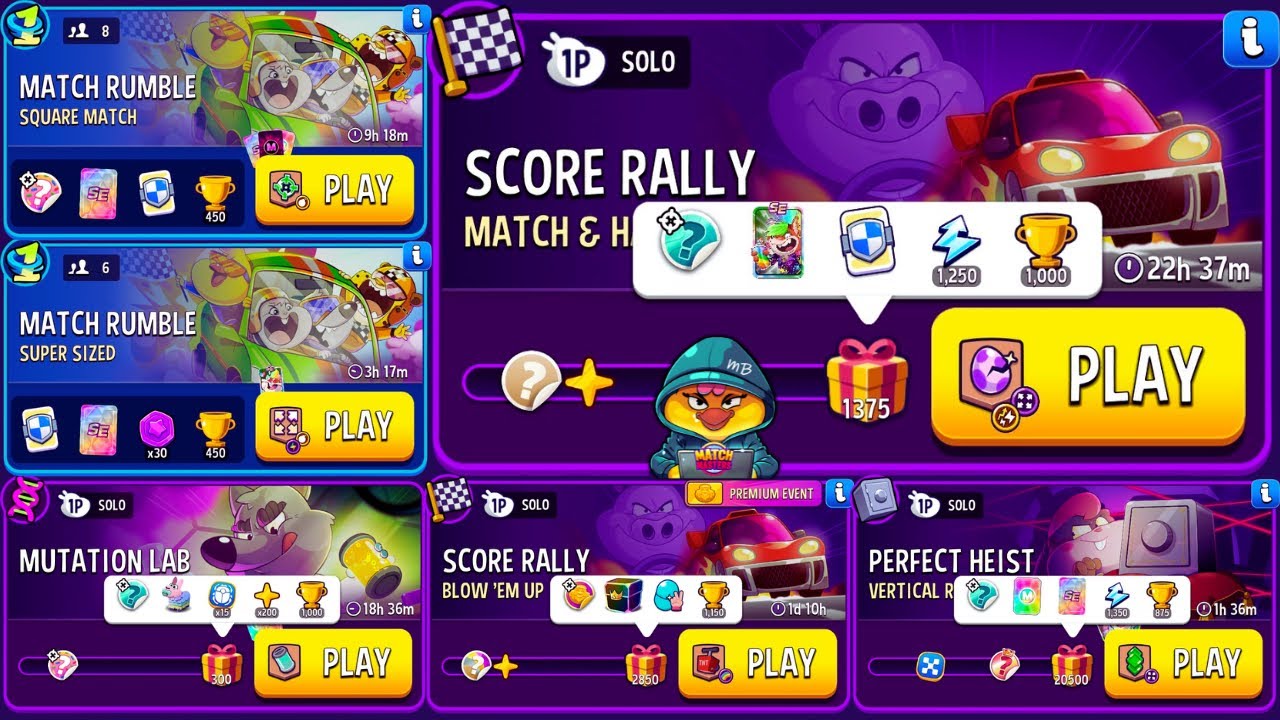 x4 Solo: Match & Hatch, Mutation Lab, Blow’Em, Vertical Rush // x2 Rumble: Square Match, Super Sized