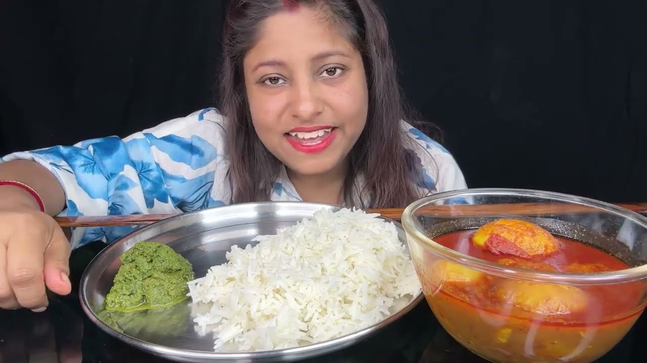 Eating Show - Basmati Rice, Spicy Duck Egg Curry & Dhonepata Bata | Poulami Eating Show
