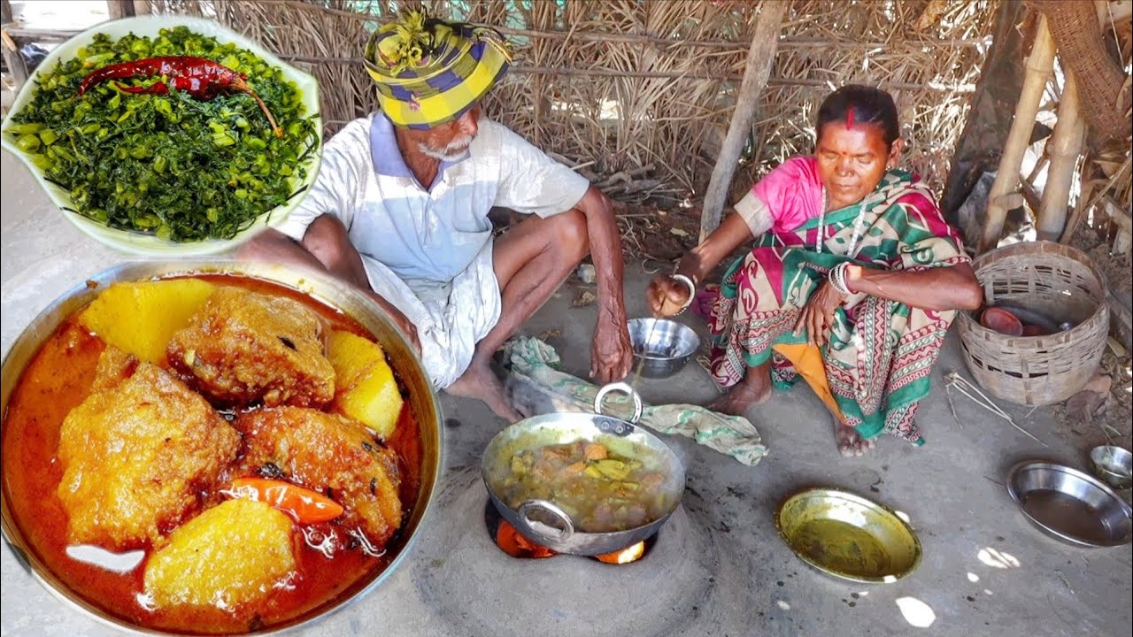 DAL BORA CURRY and SHAK VAJI cooking & eating by santali tribe old grandmaa