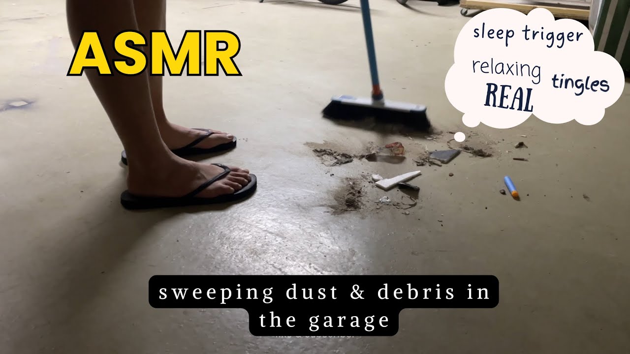 Relaxing sweeping dust & debris garage floor