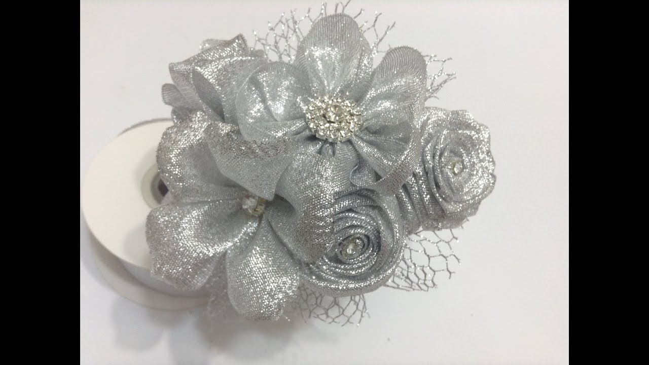 Diadema con flores de liston plata VIDEO No. 561 creaciones rosa isela