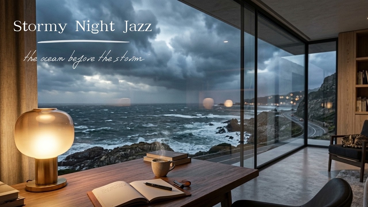 マンハッタンの嵐の夜に🌀静かなジャズ🎷Storm Is Coming 🌩️ Dramatic Ocean Waves & Dark Clouds