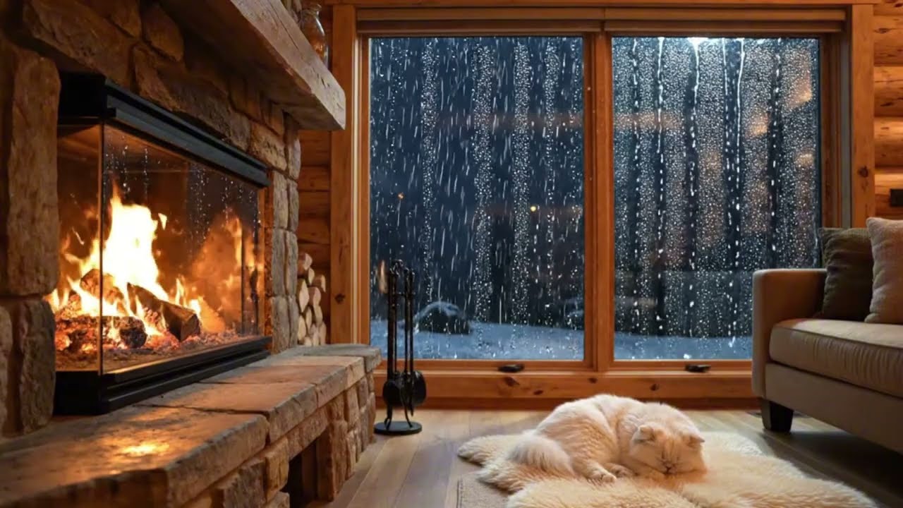 🌧️Sleep Better & Relax Deeply | Cozy Rainy Cabin Fireplace with Peaceful Sleeping Dog.