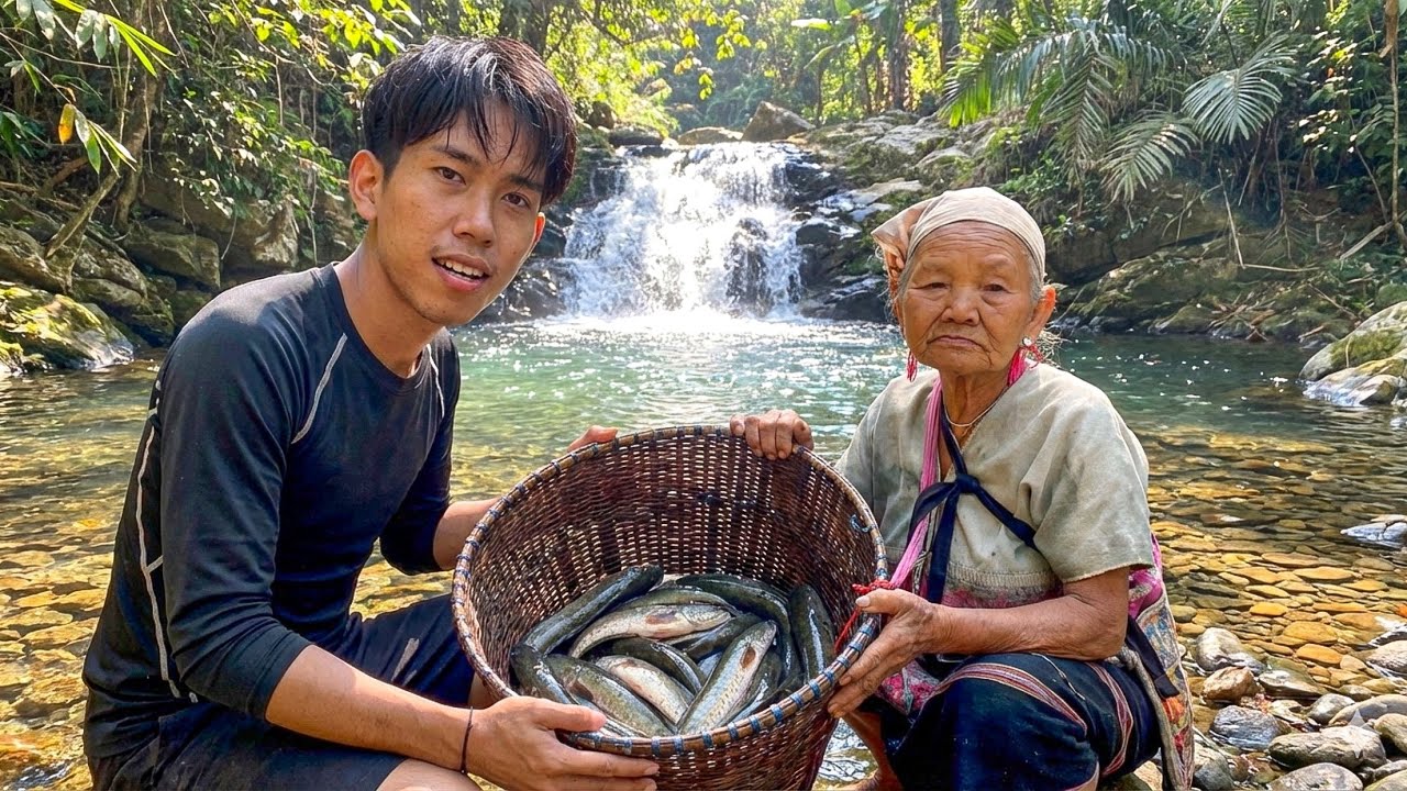 English: A Day with Grandma in the Forest, Waterfall & Natural Food