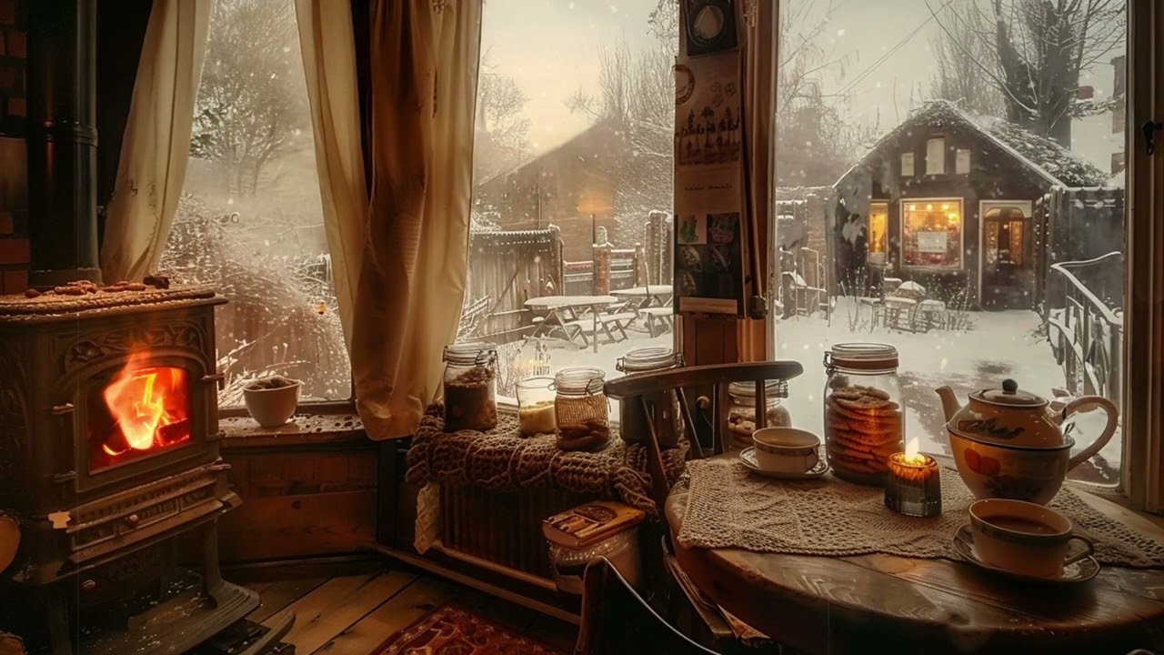 1950s Vintage Jazz | Cozy Country Cabin Cafe with Crackling Fireplace Sounds