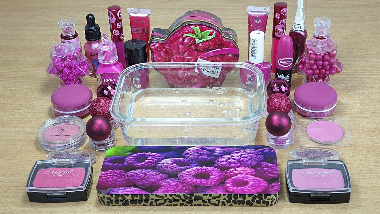 RASPBERRY SLIME Mixing makeup and glitter into Clear Slime Satisfying Slime Videos