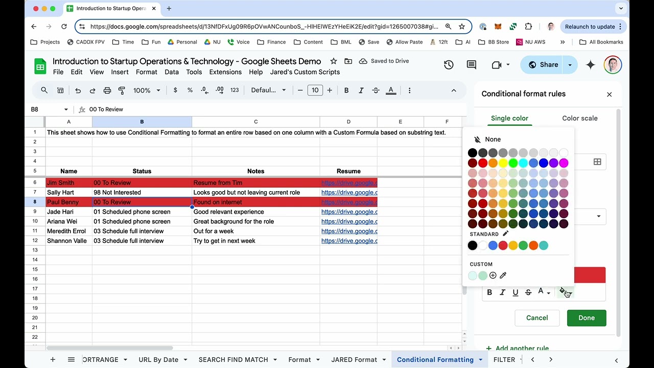 5.5.4 Conditional Formatting in Google Sheets of an Entire Row Based on One Cell with Find Function