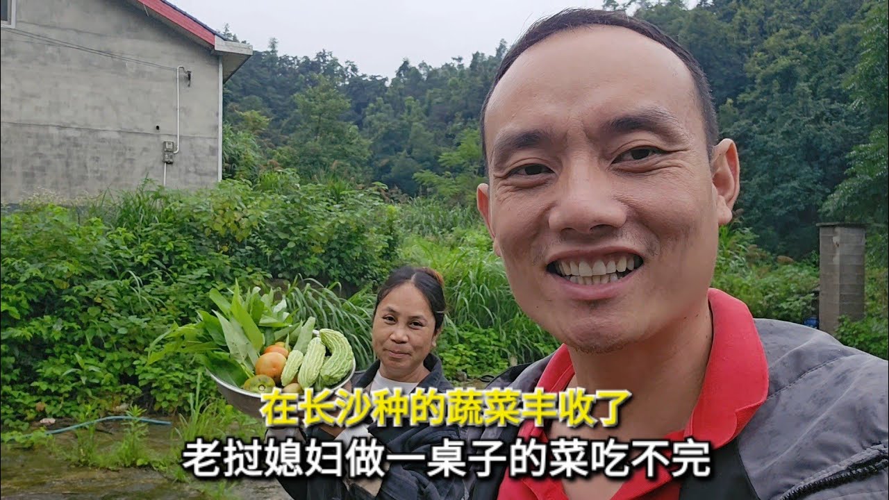 和老挝媳妇在长沙种的蔬菜丰收了，吃不完做一桌子菜