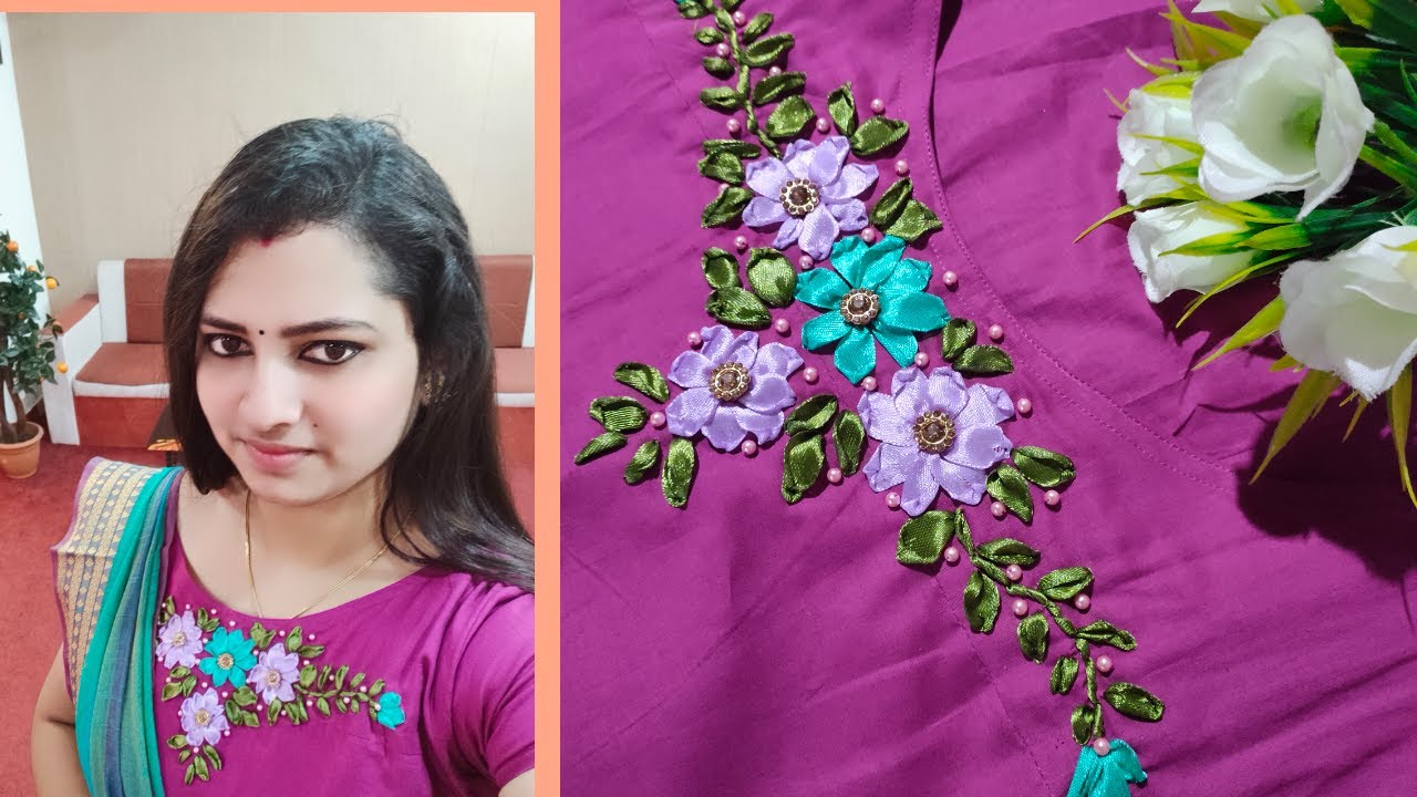 Satin Ribbon Hand Embroidery:Neck Design/Click To Fashion