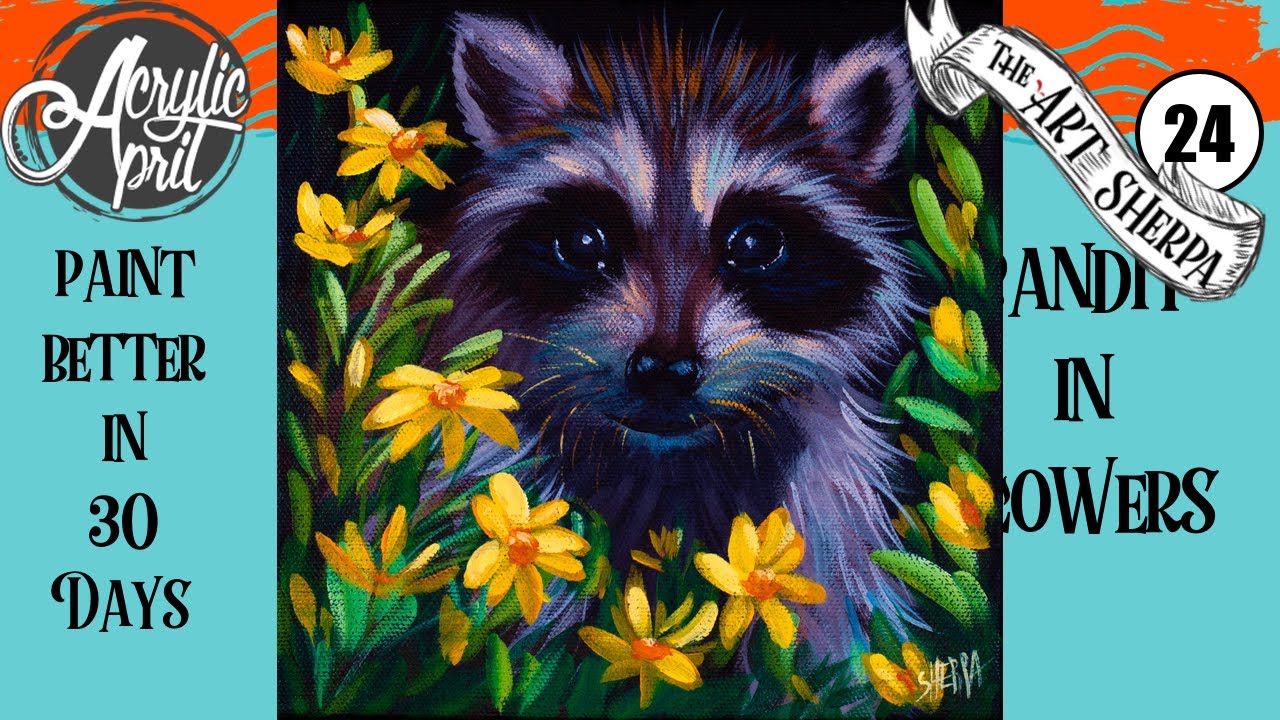 Raccoon in flowers Easy Daily Painting Step by step Acrylic Tutorials Day 24 #AcrylicApril2020