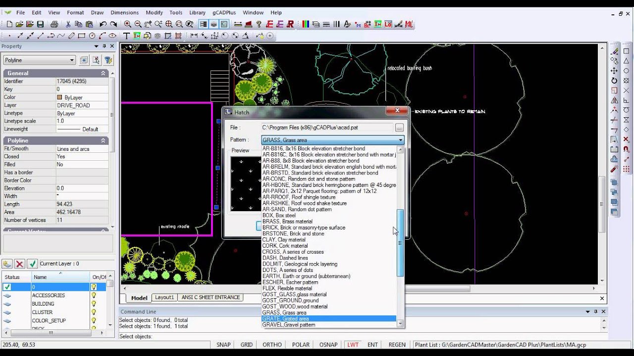 Using the offset and hatching commands in landscape CAD drawings.