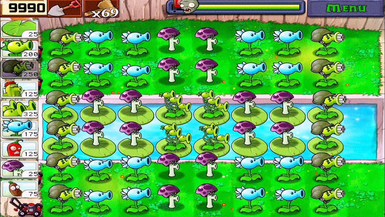 Plants vs Zombies • Gatling Pea + Snow Pea + Scaredy shroom + Three Pea vs All Out Zombies 
