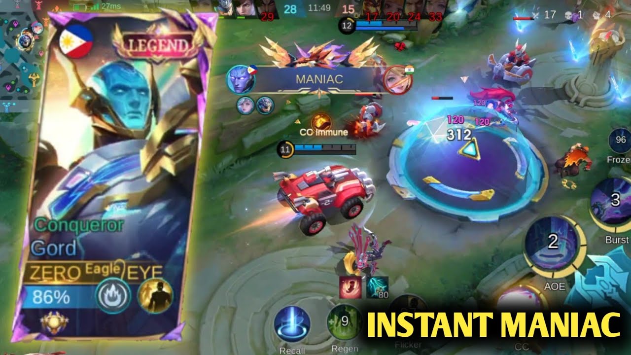 INSTANT MANIAC GAMEPLAY WITH GORD🔥|| ONLY GORD || #mlbb #gaming #gamplay #gord #youtube 