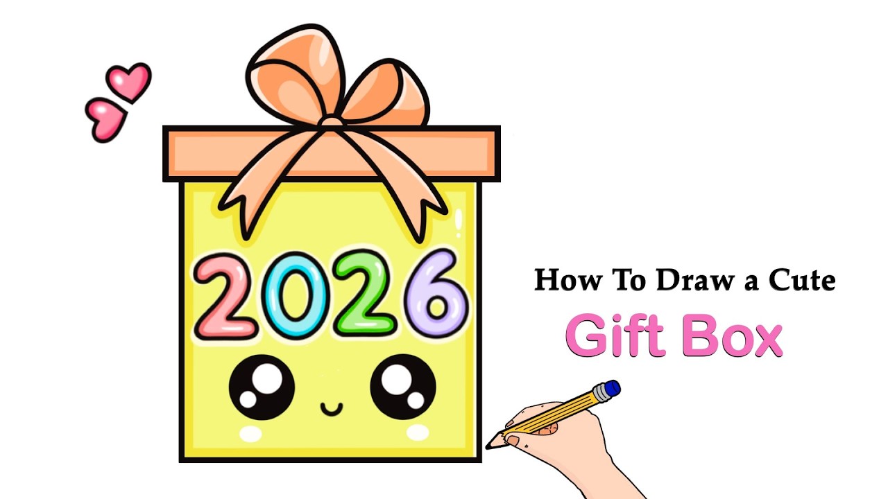 How to Draw a Cute Happy New Year 2026 Gift Box 🎁 | Draw Gift Box 🎉 Happy New Year 2026 Step by Step