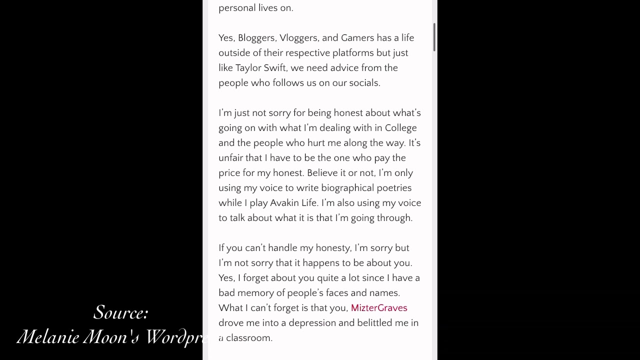 Melanie Moon's Rant on Her Honesty, Cryptic Messages, and MizterGraves [Nov. 14th 2019]