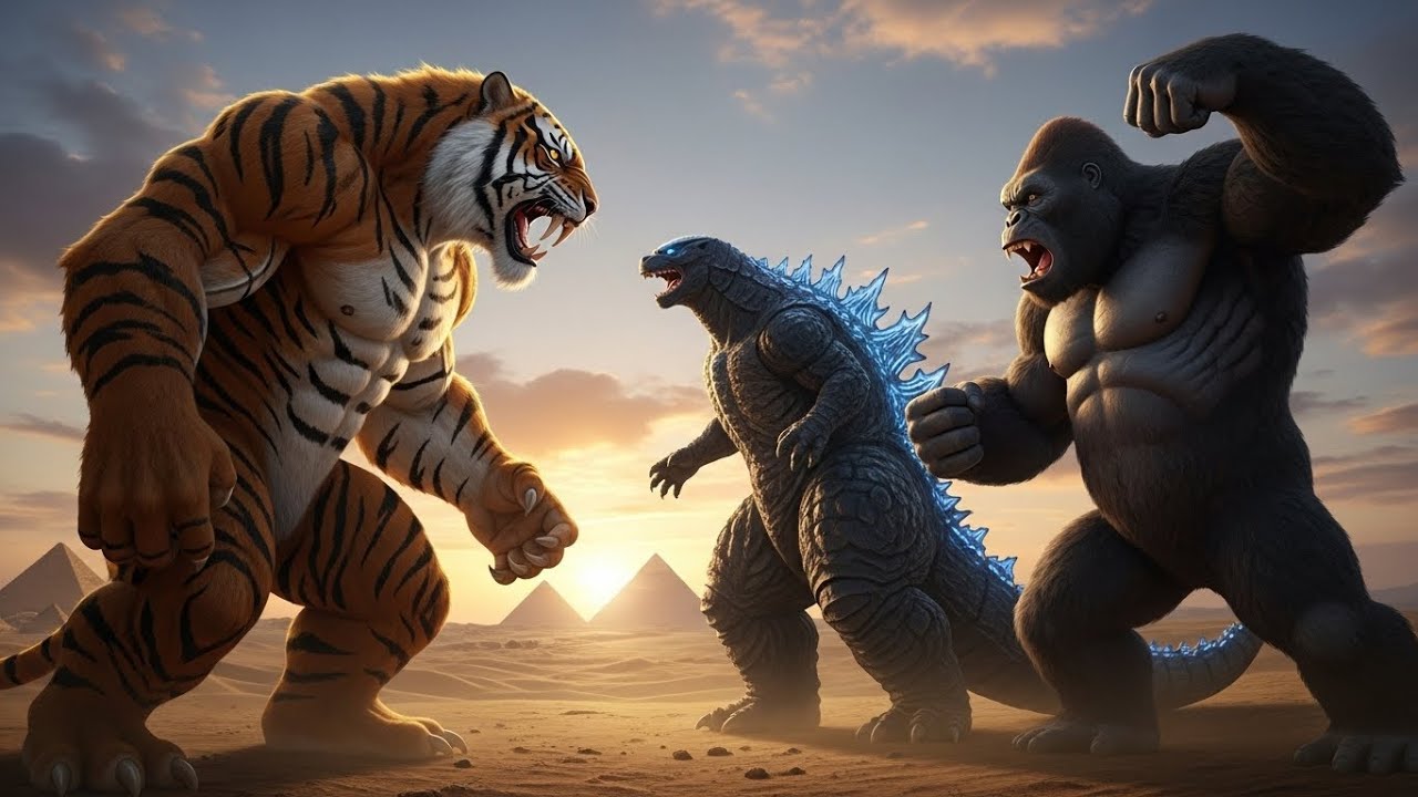 50 Million Years Ago: Godzilla vs King Kong vs Tiger Man – Epic Desert Battle!