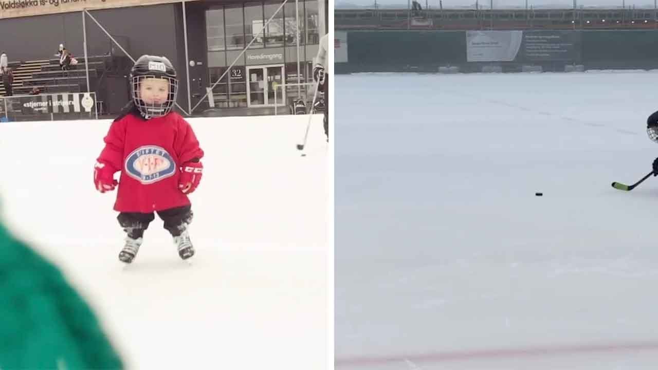 Two-Year-Old Loves Playing Ice Hockey