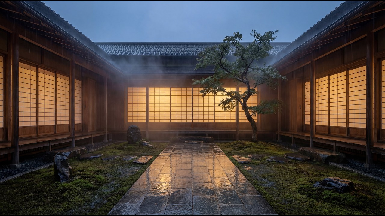 Deep Focus in the Rain 🌧️ Japanese Courtyard at Dusk (2 Hours)