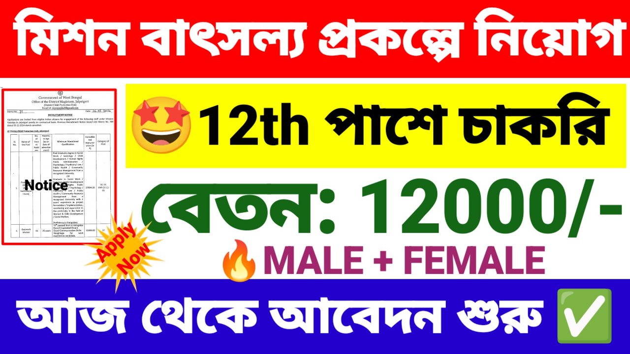 ন্যূনতম যোগ্যতায় মিশন বাৎসল্য প্রকল্পে কর্মী নিয়োগ |  District Child protection recruitment 2026 |