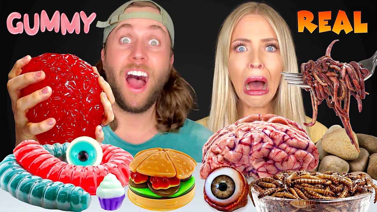 ASMR GUMMY VS REAL FOOD CHALLENGE, REAL VS FAKE, HUNNIBEE ASMR MUKBANG 먹방