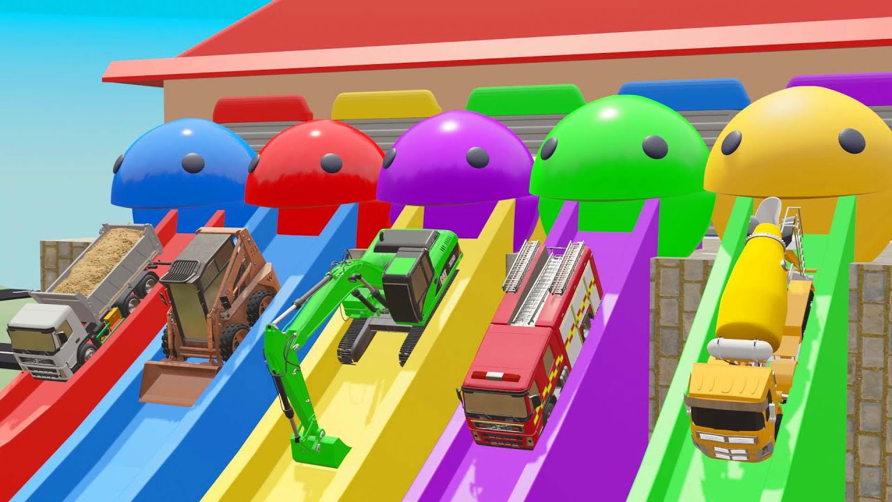 Death race between Dump Truck, Bulldozer, Excavator, Fire truck |Construction Vehicles 3D Cartoon