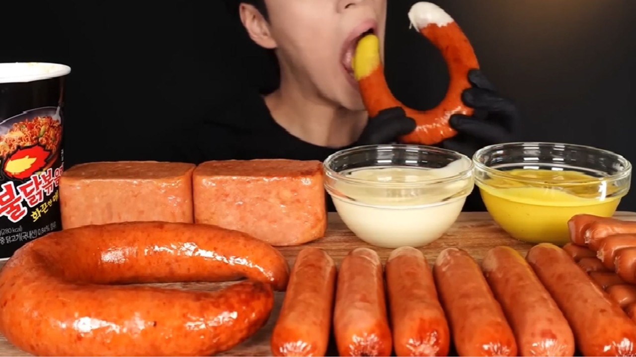 ASMR MUKBANG Sausage, Spam & Spicy Fire Noodles