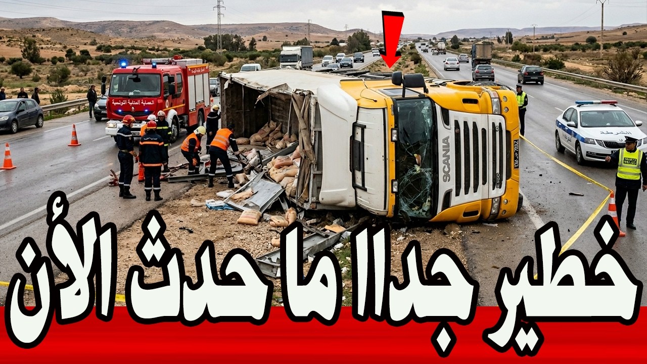 عاجل 🔥|انقلاب شاحنة ثقيلة جراء الأمطار الغزيرة وسط مدينة باجة..  #تونس