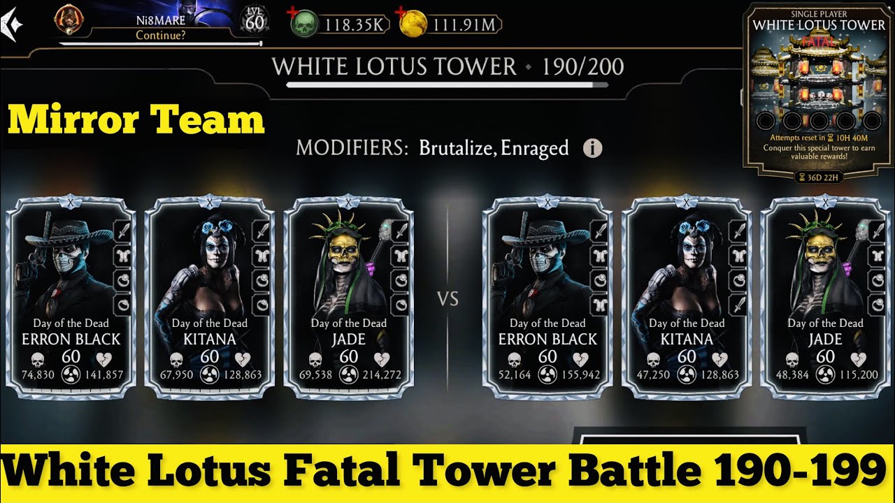 Mirror Team Gameplay | White Lotus Tower Hard Battle 190-199 Fight + Reward MK Mobile