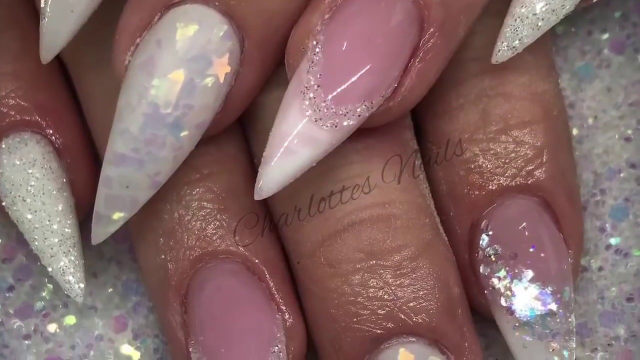 Acrylic nails  - pink & white with opal mermaid flakes