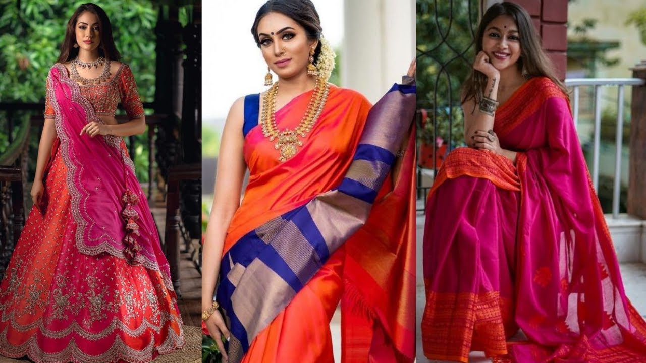 Orange,Pink saree with contrast blouse designs/ Orange,pink silk saree with combination blouse ideas