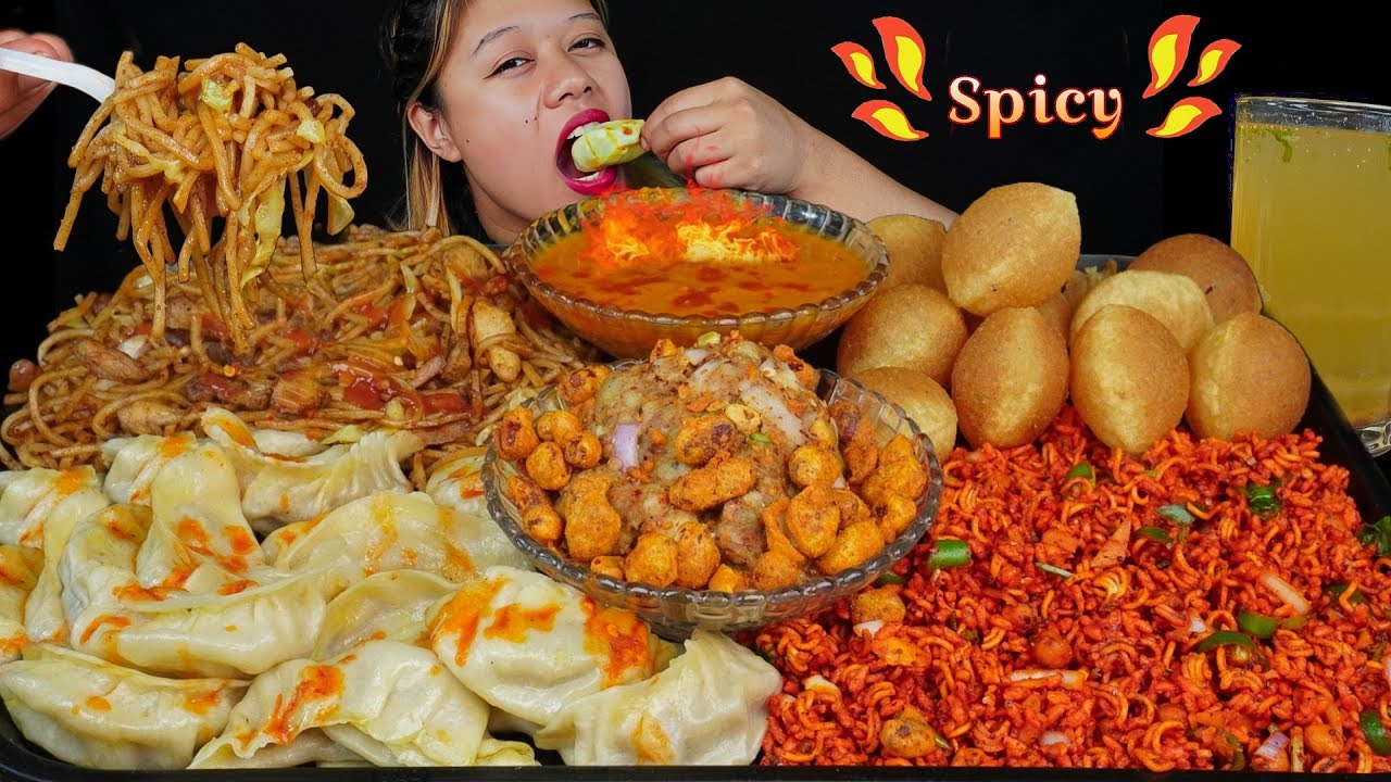 Indian Nepali Spicy Street food momo, chaumin, gilo chatpate and panipuri mukbang asmr||eating video