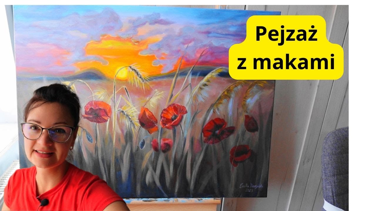 🎨Jak namalować zachód słońca na polu maków? Pejzaż malowany farbami akrylowymi🎨