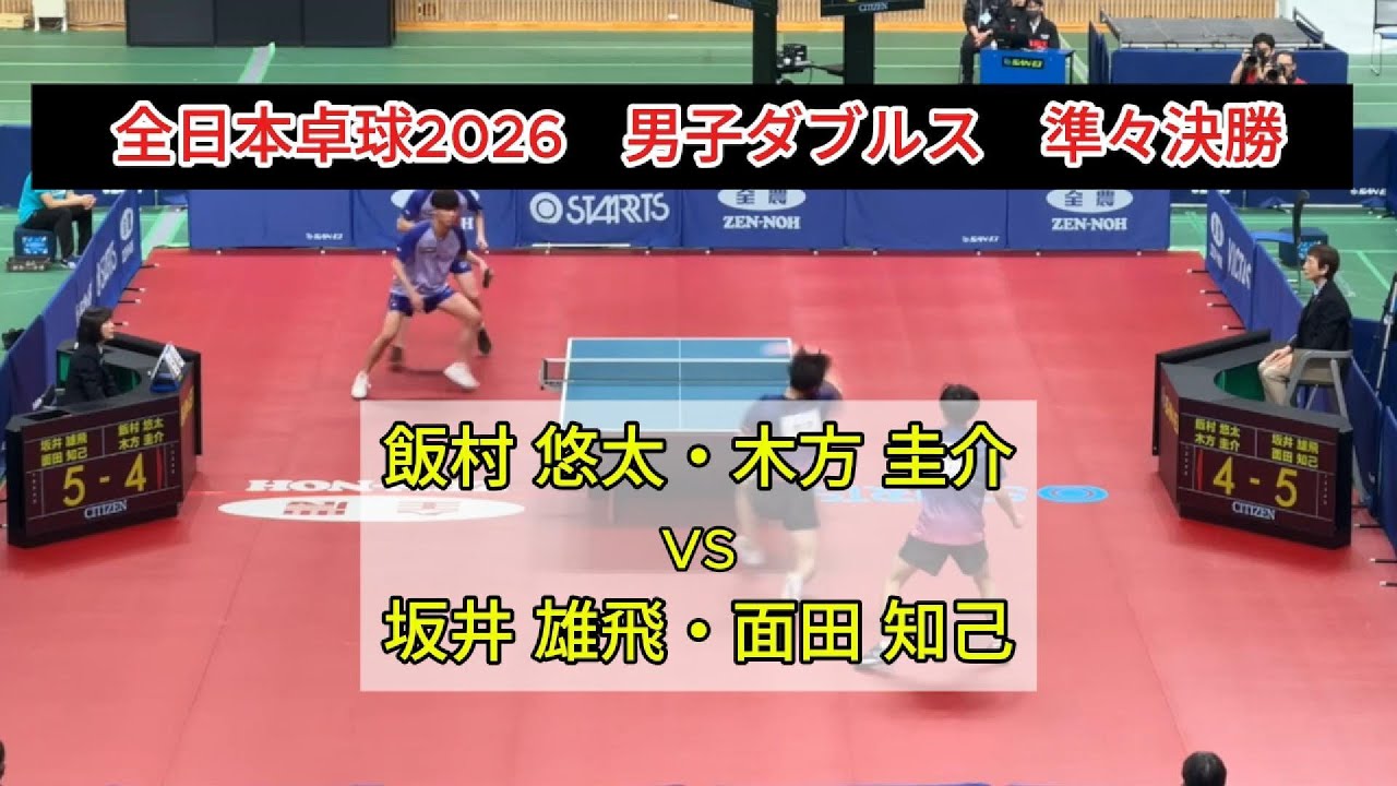 【全日本卓球2026】前回王者、陥落。地元・愛知勢の勢いが止まらない！　 飯村悠太・木方圭介（明治大）vs坂井雄飛・面田知己（愛知工業大・愛工大名電高）男子ダブルス準々決勝